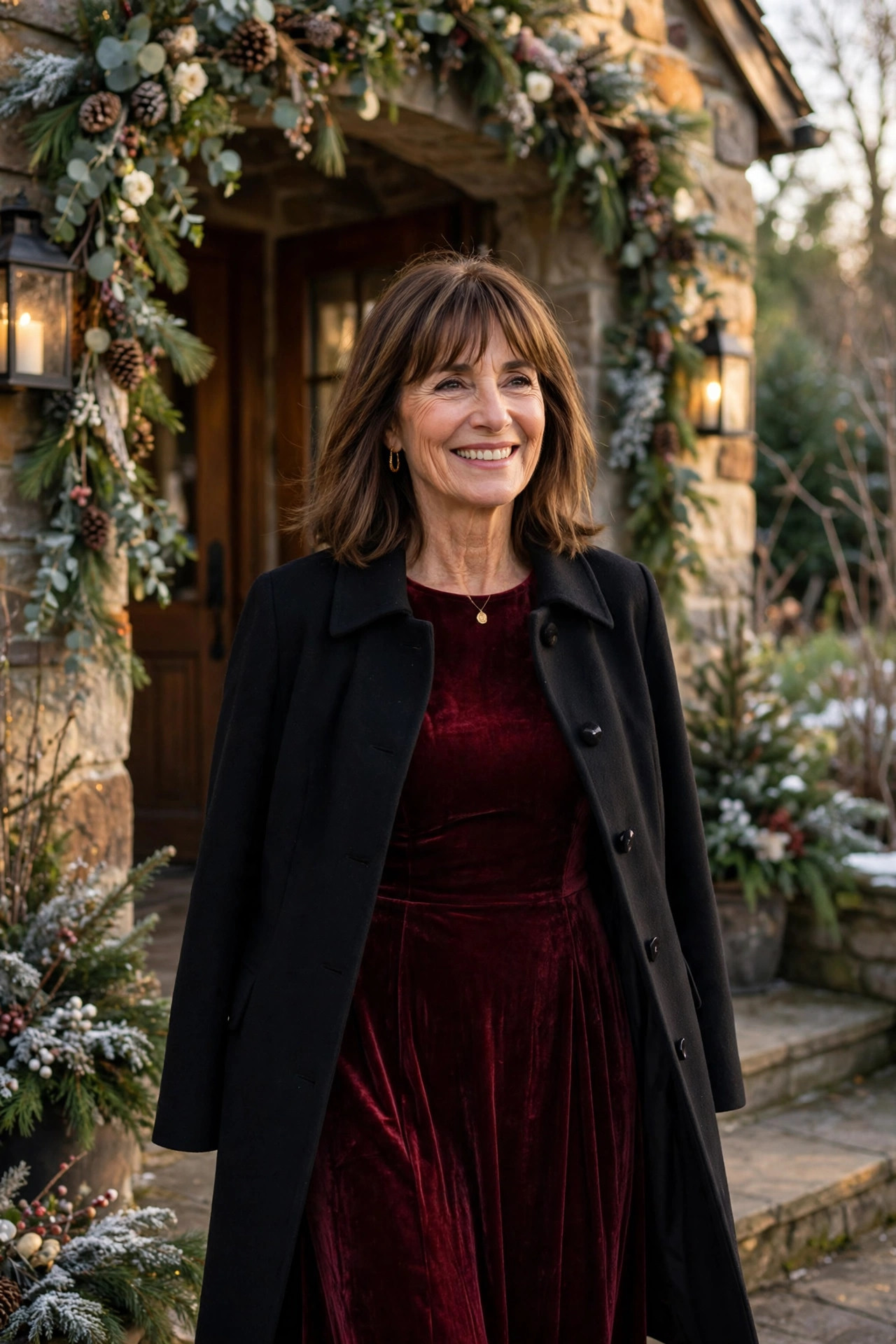 Smiling woman with shoulder-length brown hair and bangs wearing a burgundy velvet dress with a black dress coat, arriving at a winter wedding venue entrance, a winter wedding guest outfit