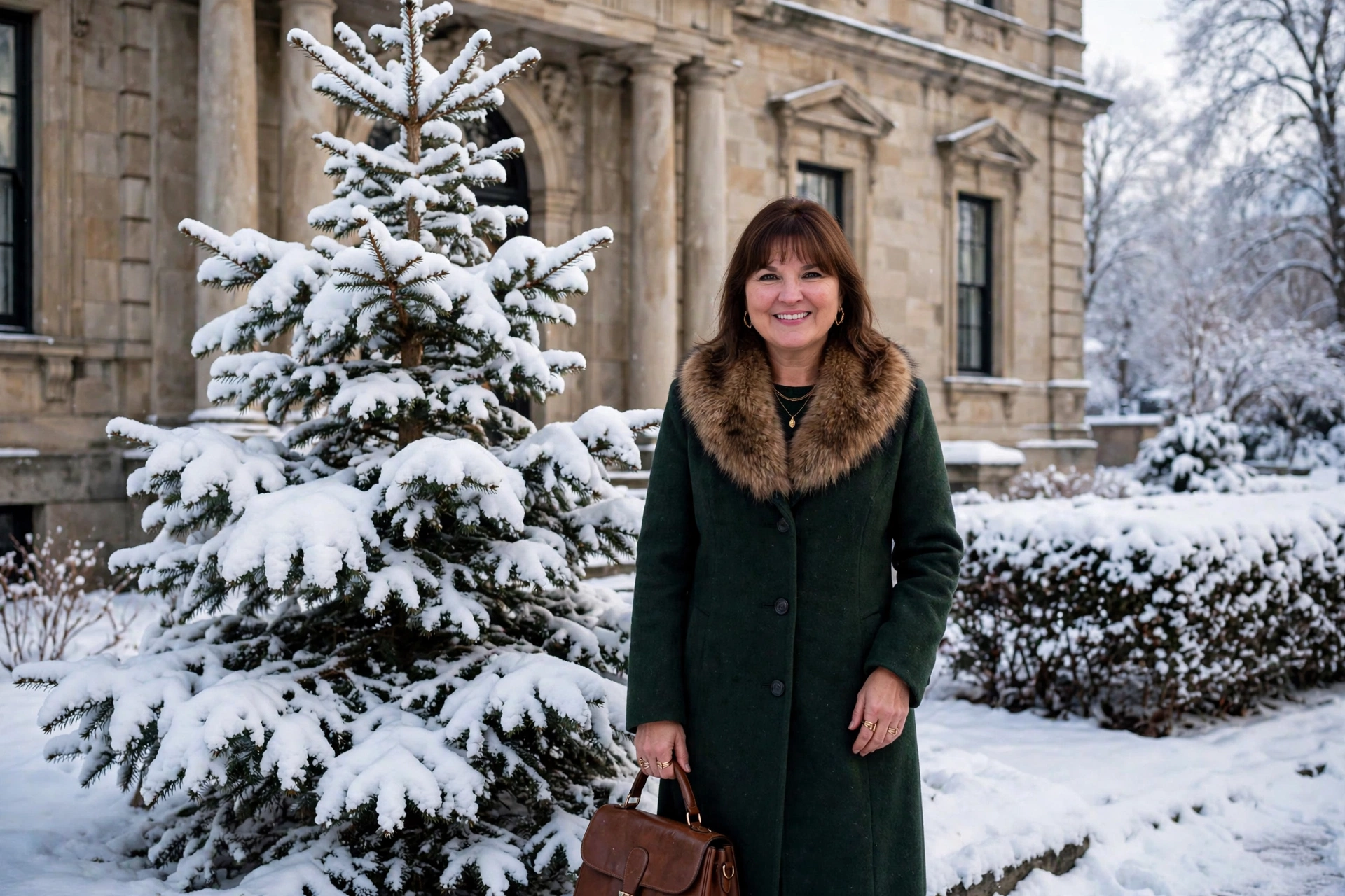 Smiling woman with shoulder-length brown hair and bangs in a dark green wool coat with fur collar holding a leather handbag beside a snow-covered tree