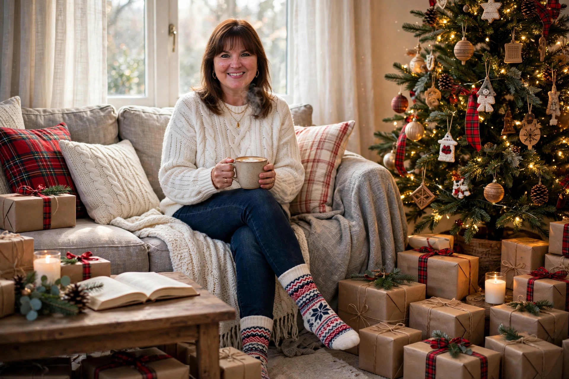 Smiling woman with shoulder-length brown hair and bangs in a white knit sweater and fair-isle socks holding a warm mug beside a Christmas tree with gifts