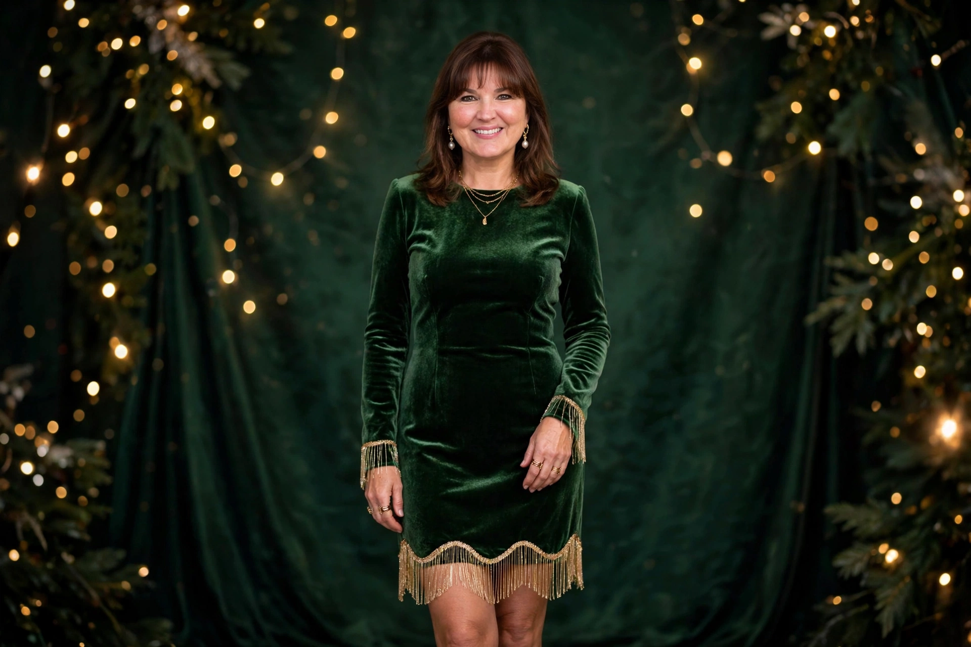 Smiling woman with shoulder-length brown hair and bangs in a green velvet mini dress with gold fringe and pearl earrings, one of the most elegant christmas outfits for women